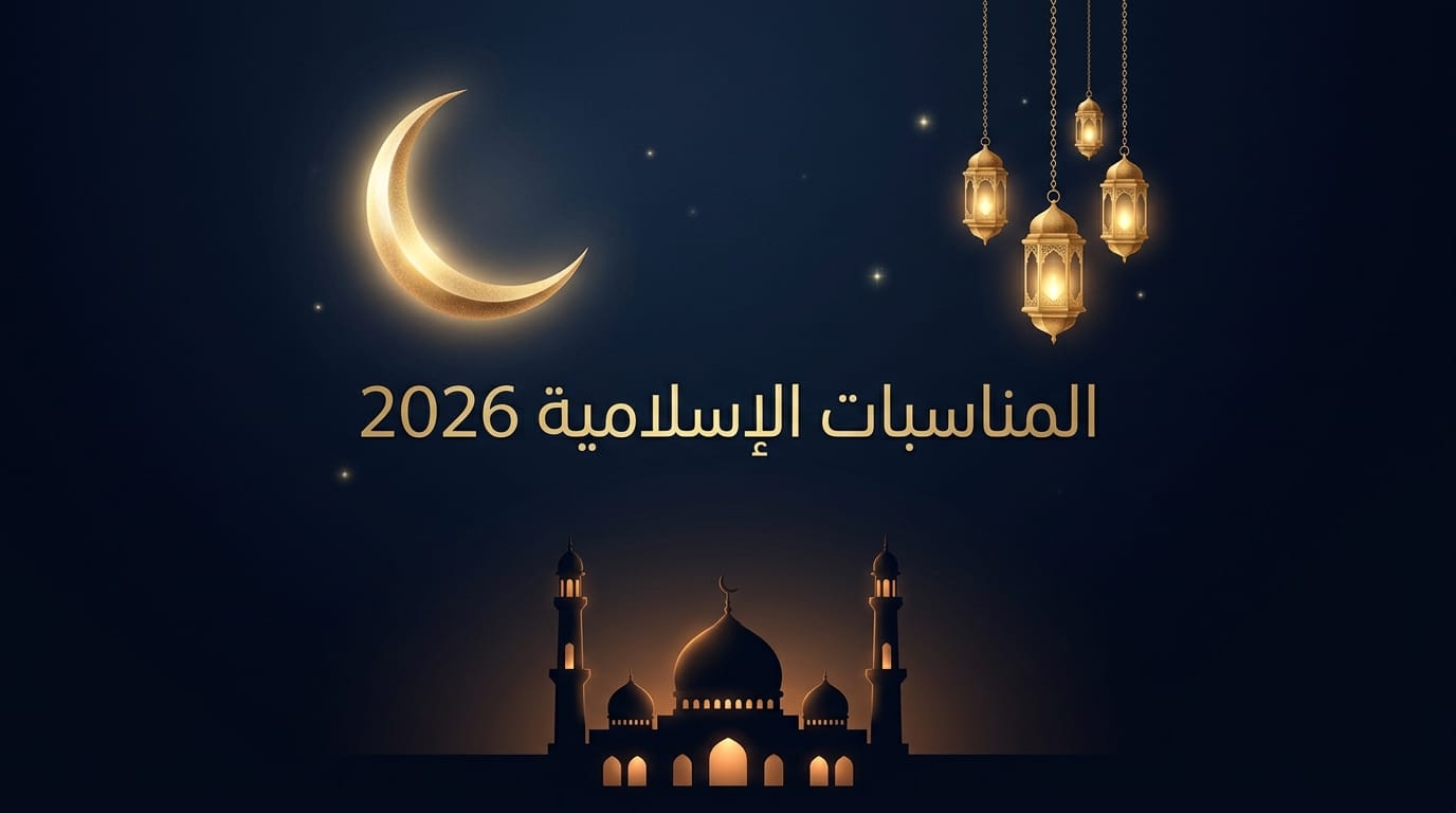 المناسبات الإسلامية 2026 — هلال ذهبي وفوانيس ومسجد في خلفية زرقاء
