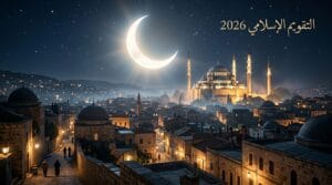 التقويم الإسلامي 2026 — مدينة إسلامية ليلاً مع هلال رمضان ومئذنة مضيئة