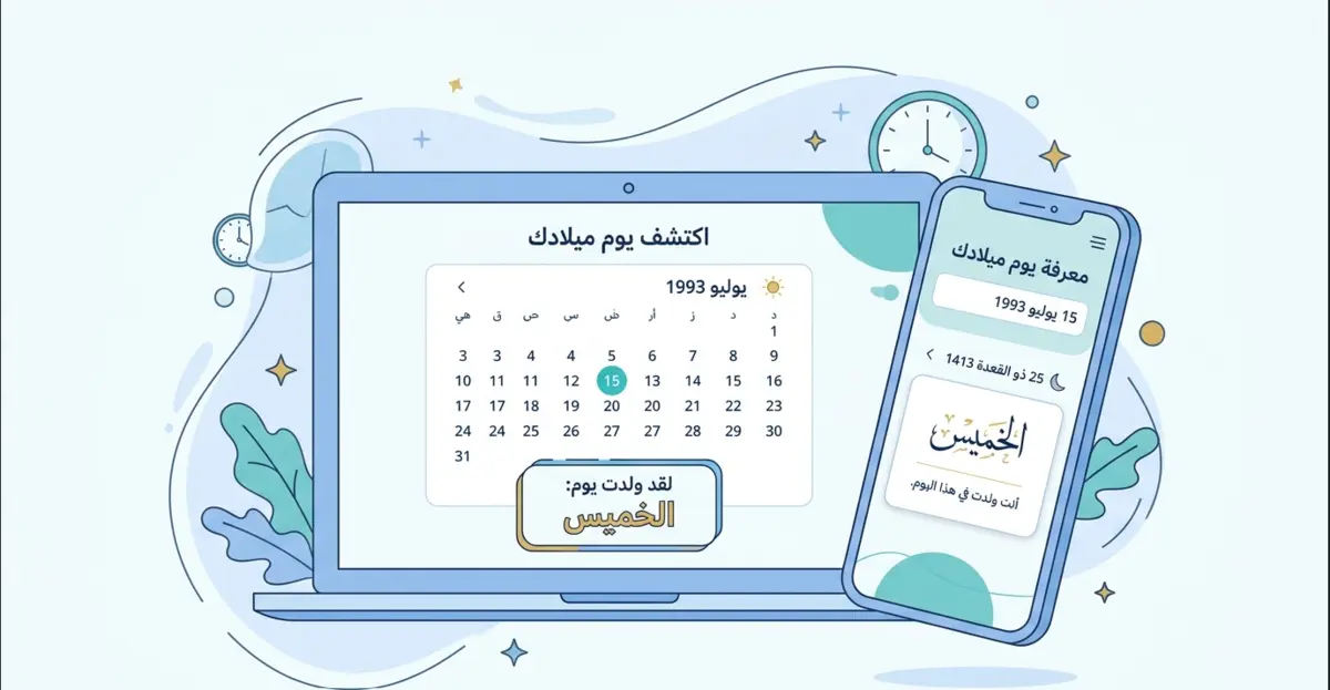 كيف تعرف اليوم الذي ولدت فيه — أداة حساب يوم الميلاد بالتقويم الميلادي والهجري تُظهر تاريخ 15 يوليو 1993 يوم الخميس